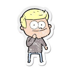 distressed sticker of a cartoon happy man