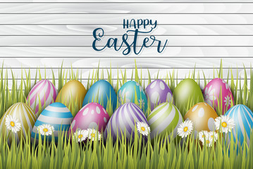 Happy Easter background with painted 3d realistic eggs in green glass and flowers on wooden backdrop. Vector illustration.