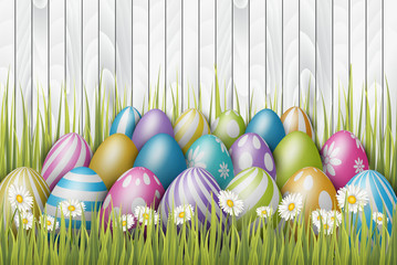 Easter background with painted 3d realistic eggs in green glass and flowers on wooden backdrop. Vector illustration.