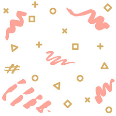 Abstract shapes, triangles, squares and crosses seamless pattern in golden/pink colors. 
