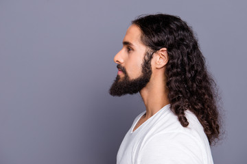 Close-up profile side view portrait of his he nice cool well-groomed attractive peaceful calm wavy-haired guy mustache isolated over gray violet purple pastel background