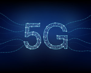 5G glowing background with polygon mesh. Wireless wifi internet connection concept. Binary code waves flying from the caption. 