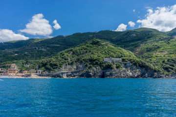 Fototapeta na wymiar Italy, Cinque Terre, Monterosso, a large body of water with a mountain in the background