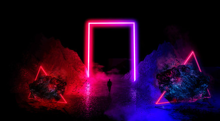 Space futuristic landscape. Fiery meteorites, sparks, smoke, light arches. Dark background with...