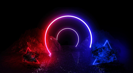 Space futuristic landscape. Fiery meteorites, sparks, smoke, light arches. Dark background with...