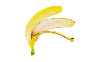 One banana peel without flesh isolated on white background without shadow