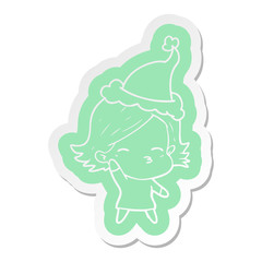 cartoon  sticker of a woman wearing santa hat