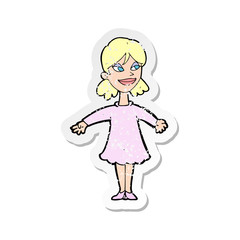 retro distressed sticker of a cartoon woman with open arms