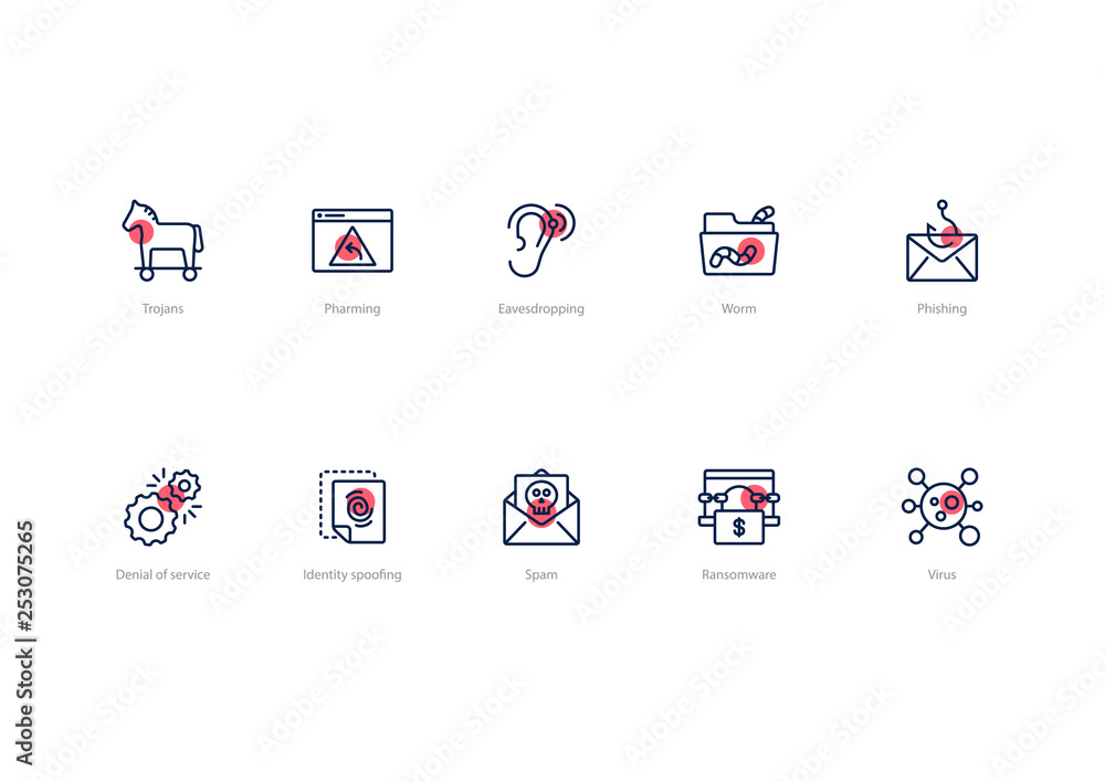 Fototapete set of stroke computer virus icons with red accent isolated on light background. contains such icons