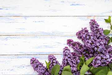 Lilac branches on a light wooden background. Concept of spring. Flat lay, top view