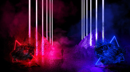 Space futuristic landscape. Fiery meteorites, sparks, smoke, light arches. Dark background with light element in the center. Silhouette of a man, a reflection of neon lights.  3d rendering.