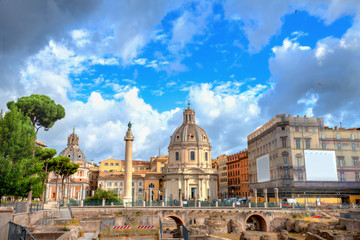 Fototapeta na wymiar Cityscape with Imperial Forum, Trajan’s Column and Santa Maria di Loreto Church in Rome, Italy