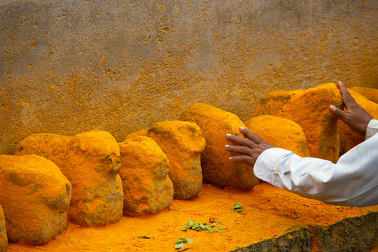 Man touching saffron colored stones, Maharashtra, India.