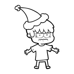 annoyed line drawing of a boy wearing santa hat