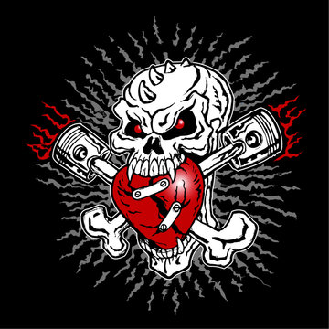 Skull biker and cross bones, flames and heart, emblem, motorcycle vintage graphic design, tattoo, logo, mascot, icon on black background