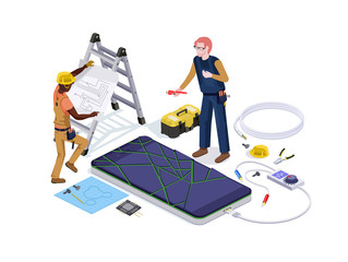 People in the form of mobile phone repair service workers do screen diagnostics and replacement 3d isometric vector illustration design templates.