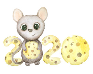 Cute watercolor rat isolated on white background. Mouse symbol 2020 new year