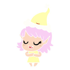 happy flat color illustration of a elf girl wearing santa hat