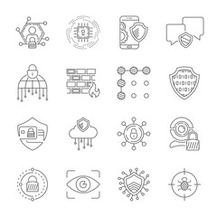 Cyber security, Internet Protection and Data Privacy vector icons set. Included the icons as security information, data protection, shield, personal data, database and more. Editable Stroke. EPS 10