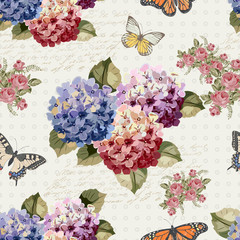 Seamless vintage background with  flowers and butterflies.