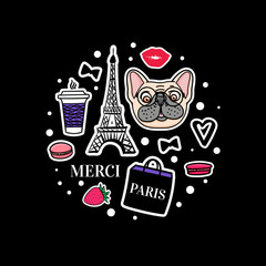 French Bulldog set. Eiffel Tower and cute dog faces. Vector hand drawn Sticker. - 253077855