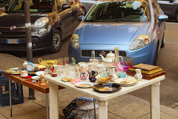 Palermo, Italy-03 JANUARY 2017: Flea Market in Palermo. Table with vintage objects beeing selled. Travel and tourism concept