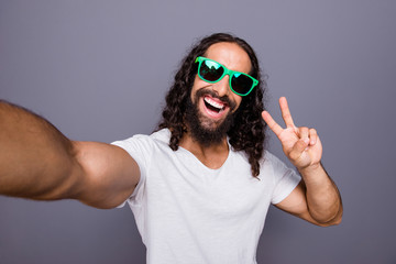 Self-portrait of his he nice cool trendy attractive cheerful cheery optimistic wavy-haired guy...