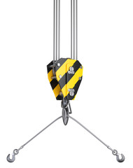 Crane hook hanging on steel ropes with two hooks on the ring.