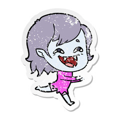 distressed sticker of a cartoon laughing vampire girl
