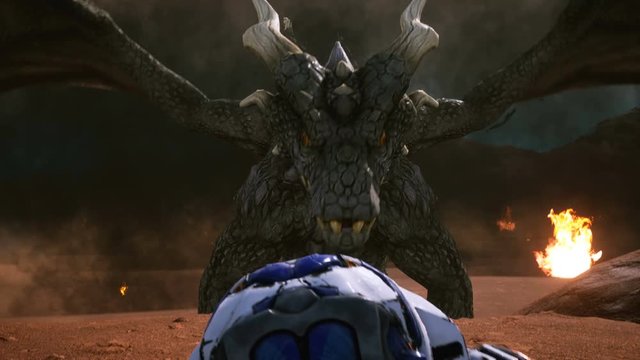 Astronaut escapes from the angry dragon. Epic scene with explosions, fire and smoke on an uncharted planet. 3D animation fantasy background.