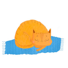 Cute ginger cat sleeping on the blue carpet