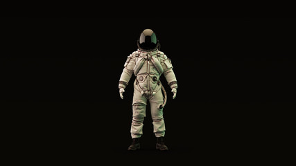 Fototapeta na wymiar Astronaut Advanced Crew Escape Suit with Black Visor and White Spacesuit with Light Yellow and Green Moody 80s lighting Front 3d illustration 3d render