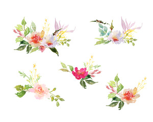 Wedding bridal romanric rustic bouquet. Hand drawing watercolor red and pink and green flowers ornament