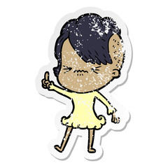 distressed sticker of a cartoon annoyed hipster girl