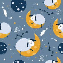 Fototapeta na wymiar Sleeping sheeps, hand drawn backdrop. Colorful seamless pattern with animals, moon, stars. Decorative cute wallpaper, good for printing. Overlapping colored background vector. Design illustration