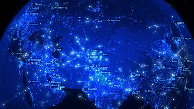 Global Communications over Asia and Europe. Arrows Fly Slowly Between Cities. Global Connections over Asia and Europe. Blue and Slow Version. Global Flight Connections. Flight Paths. 