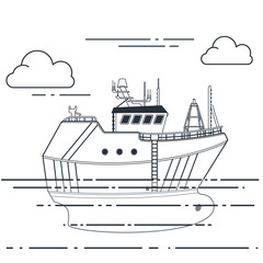 Fishing vessel in sea. Vector outline illustration