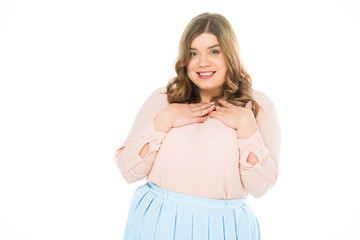 happy surprised elegant overweight woman looking at camera isolated on white