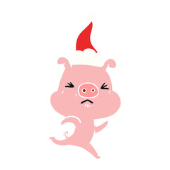 Obraz na płótnie Canvas flat color illustration of a annoyed pig running wearing santa hat