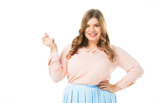 happy smiling elegant overweight woman posing with hand on hip isolated on white