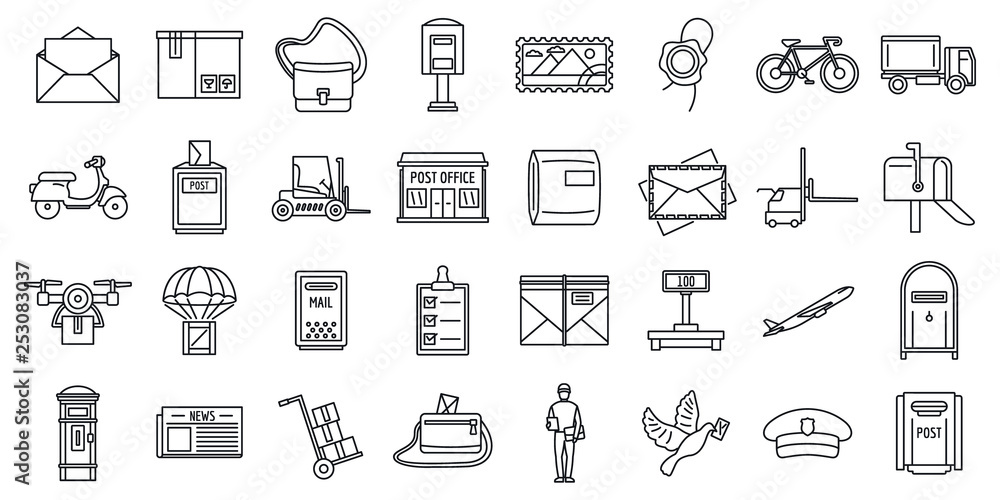 Poster mailman carrier icons set. outline set of mailman carrier vector icons for web design isolated on wh