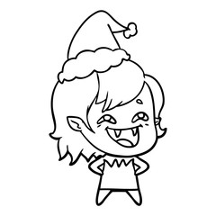 line drawing of a laughing vampire girl wearing santa hat