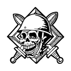 Skull soldier in helmet and crossed swords, military badge, army symbol, black and white icon