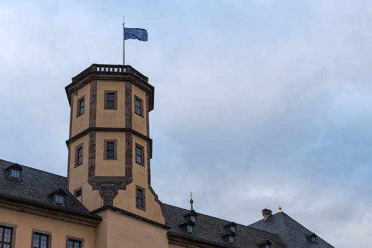 E.U. flag waving on the top of the Fulda castle-tower