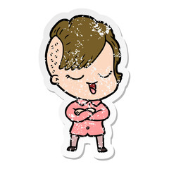 distressed sticker of a happy cartoon girl