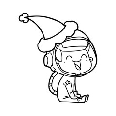 happy line drawing of a astronaut wearing santa hat