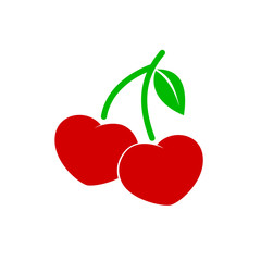 Red cherry in heart shape. Icon design. Vector illustration isolated on white background.