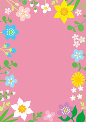 Round frame of Colorful Wildflowers - Vertical layout, Pink color background
