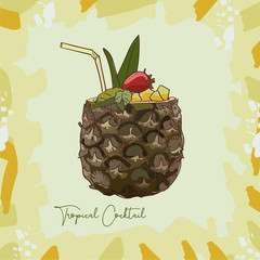 Exotic Tropical or Pina Colada summer cocktail illustration. Alcoholic bar drink hand drawn vector. Pop art - 253084650