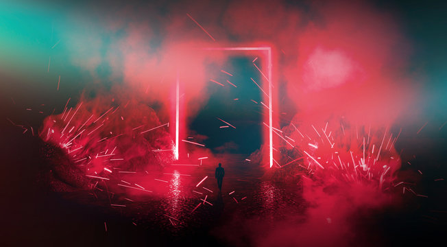 Space futuristic landscape. Fiery meteorites, sparks, smoke, light arches. Dark background with light element in the center. Silhouette of a man, a reflection of neon lights.  3d rendering.